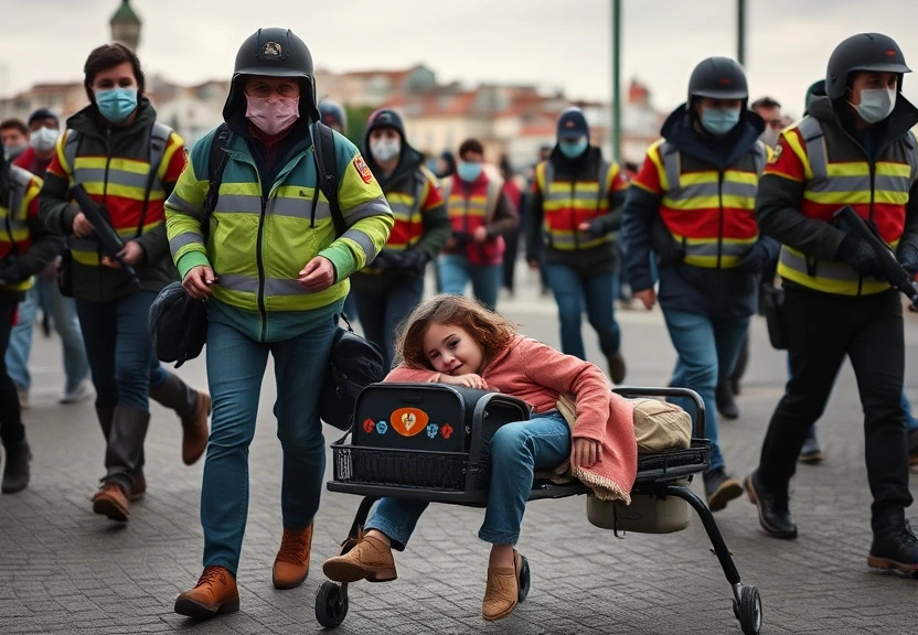 Representação visual de Momentos de Terror em Lisboa: Criança Ferida e Passageiros Fugitivos do Bondinho